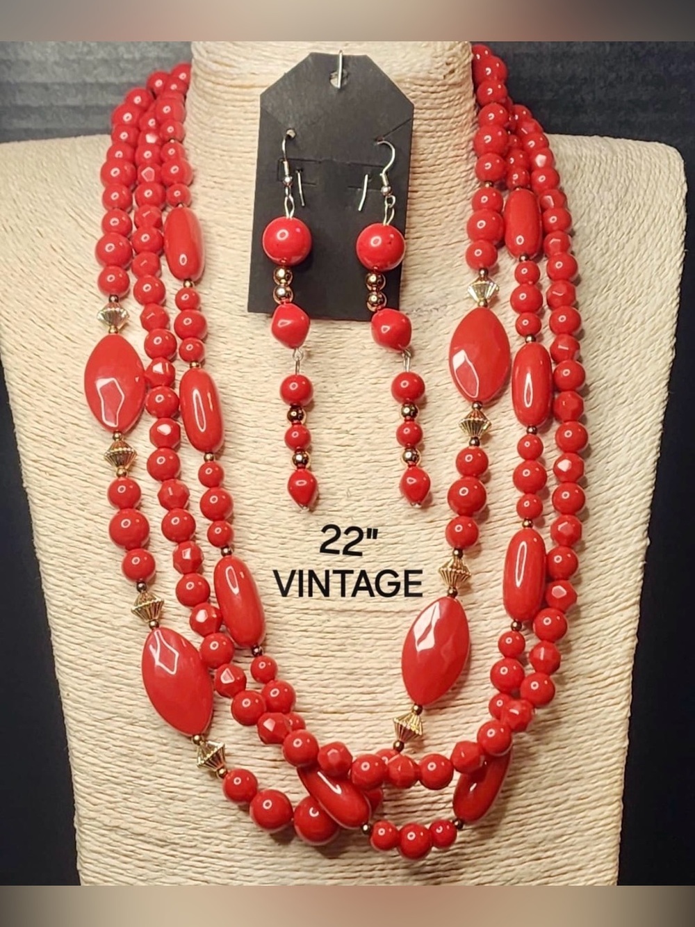 145. Vintage Red Multi-Strand Beaded Necklace & Earrings Set